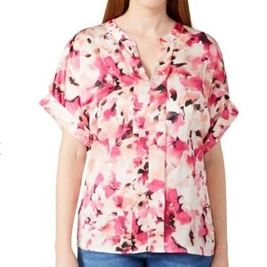 NWT Nine West Pink Floral V-Neck Short Sleeve Blouse Satin Pleat Front Top